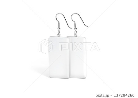 Blank white rectangle earring pair mockup standing png, transparent background, 3d rendering. Empty pendant earrings for elegance lady mock up cut out. Clear dangle or boho jewels for ears template. 137294260