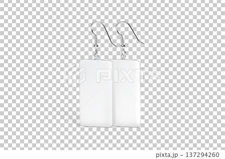 Blank white rectangle earring pair mockup standing png, transparent background, 3d rendering. Empty pendant earrings for elegance lady mock up cut out. Clear dangle or boho jewels for ears template. 137294260