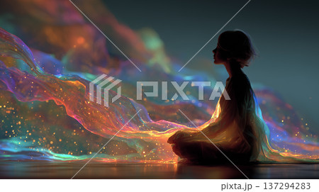 幻想的な雲海の中に佇む人のシルエットとグラデーションの空|マインドフルネス・夢・希望のイメージ 幻想的な雲海の中に佇む人のシルエットとグラデーションの空|マインドフルネス・夢・希望のイメージ 137294283