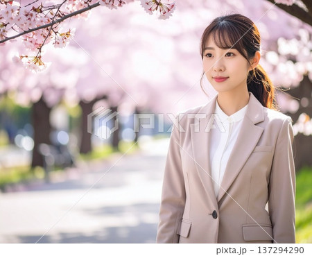 スーツ姿の女性と桜並木 137294290