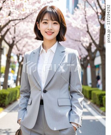 本人女性が並木道でグレー色のスーツを着て立っている 137294292