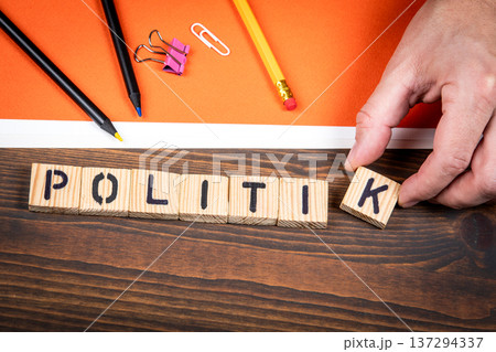 Politics Word In German POLITIK Wooden Letter Blocks On Desk 137294337
