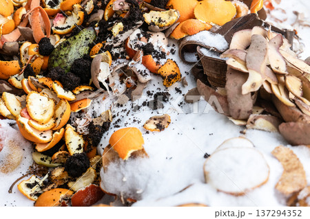 Food Waste Compost With Vegetable And Fruit Scraps In Organic Recycling Bin Food Waste Compost With Vegetable And Fruit Scraps In Organic Recycling Bin 137294352