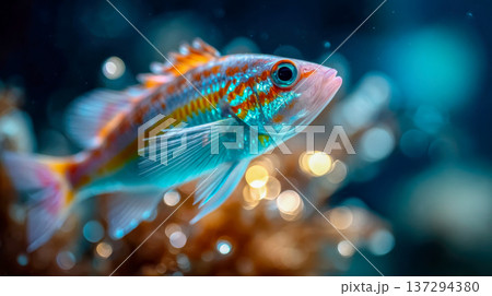 Vibrant tropical fish close-up swimming underwater with turquoise and orange colors, soft bokeh background 137294380