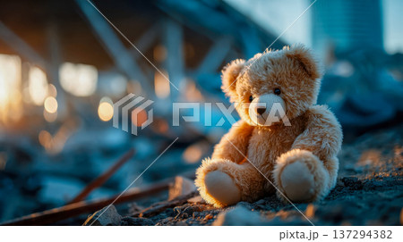 A cute teddy bear sits among the ruins and destroyed buildings, a symbol of military action and its aftermath 137294382