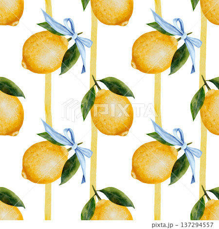 Lemon with stripes watercolor seamless pattern. Hand drawn tropical sour fruit with bow. Clip art of juicy yellow lime. Citrus on isolated white background. Ideal for logo and packaging of natural Lemon with stripes watercolor seamless pattern. Hand drawn tropical sour fruit with bow. Clip art of juicy yellow lime. Citrus on isolated white background. Ideal for logo and packaging of natural 137294557