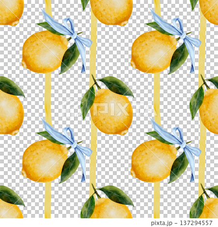 Lemon with stripes watercolor seamless pattern. Hand drawn tropical sour fruit with bow. Clip art of juicy yellow lime. Citrus on isolated white background. Ideal for logo and packaging of natural Lemon with stripes watercolor seamless pattern. Hand drawn tropical sour fruit with bow. Clip art of juicy yellow lime. Citrus on isolated white background. Ideal for logo and packaging of natural 137294557