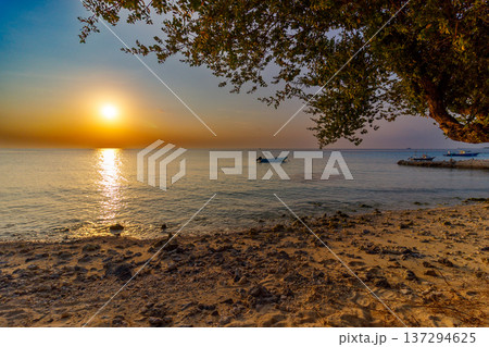 Golden sun dips low over calm ocean waters Golden sun dips low over calm ocean waters 137294625