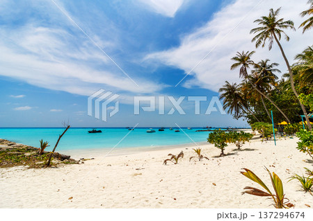White sand meets turquoise sea under a vast blue sky 137294674