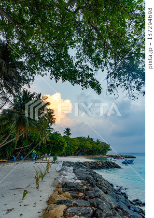 Sunset bathes tropical beach in soft, warm glow Sunset bathes tropical beach in soft, warm glow 137294698