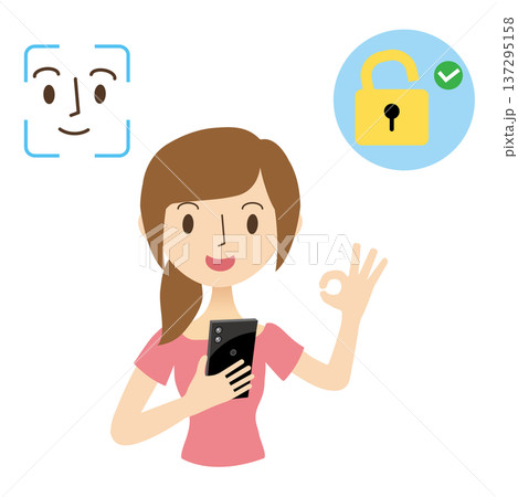 スマホの顔認証でロック解除をする女性 スマホの顔認証でロック解除をする女性 137295158