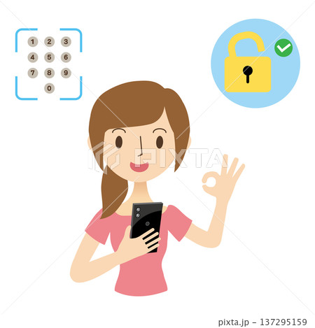 スマホのパスワード認証でロック解除をする女性 スマホのパスワード認証でロック解除をする女性 137295159