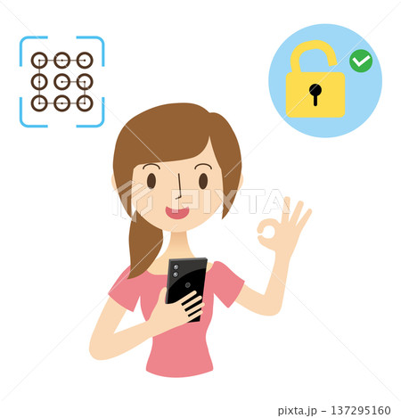 スマホのパターン認証でロック解除をする女性 スマホのパターン認証でロック解除をする女性 137295160