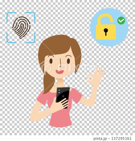 一名女子正在使用指紋辨識解鎖她的智慧型手機 137295161