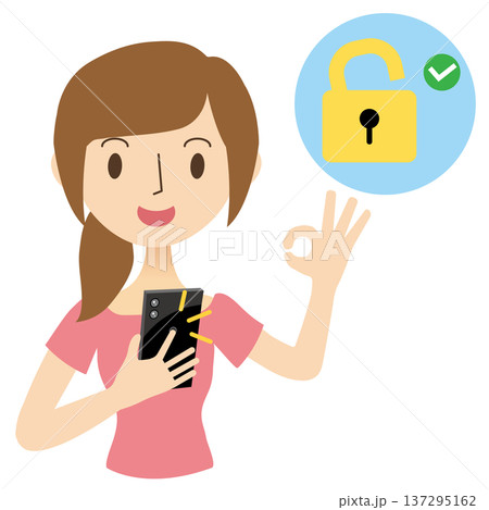 スマートフォンの指紋認証でロック解除する女性 137295162