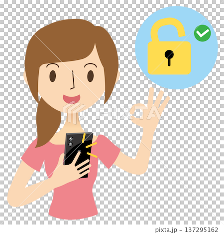 スマートフォンの指紋認証でロック解除する女性 137295162