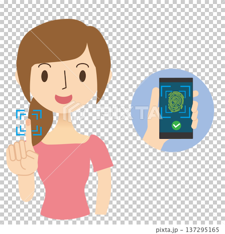 Woman using index finger for fingerprint authentication, smartphone approval image 137295165