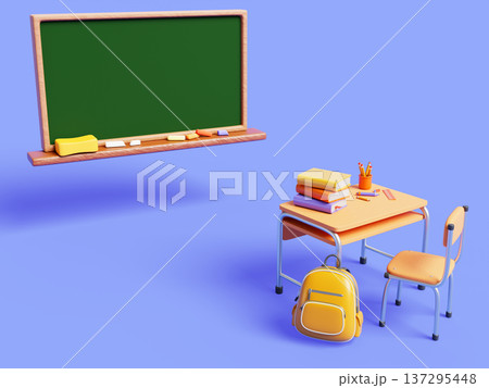 School classroom interior with clean blackboard, desk and chair on blue 3d background. Render cartoon illustration of room with yellow backpack, books on table. Back to school concept. 3D illustration 137295448