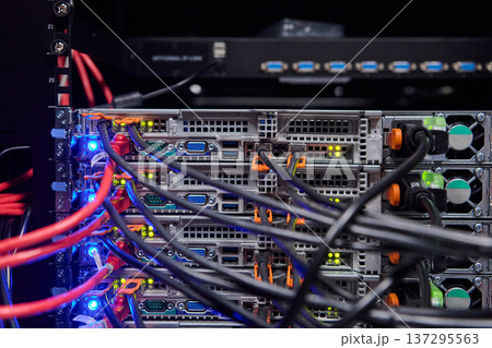 Server rack with network cables and blinking status lights in a modern data center environment Server rack with network cables and blinking status lights in a modern data center environment 137295563