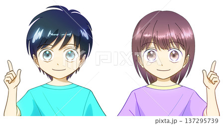 夏服を着た男の子と女の子のアニメ風イラスト、白バック 137295739