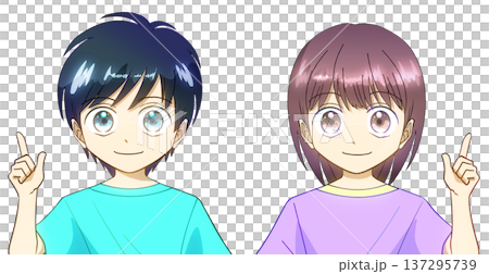 夏服を着た男の子と女の子のアニメ風イラスト、白バック 137295739