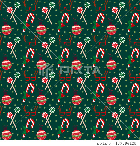 Christmas holiday seamless pattern with candy cane, ornament, spiral lollipop, and reindeer glasses. Festive design for wrapping paper or fabric. 137296129