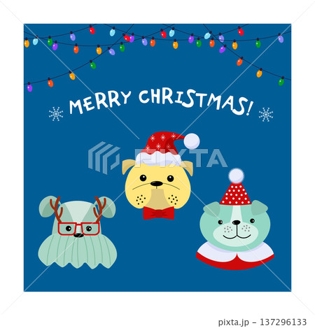Merry Christmas greeting card with cute cartoon dogs. Holiday winter celebration with playful pets. Creative design for festive season. Merry Christmas greeting card with cute cartoon dogs. Holiday winter celebration with playful pets. Creative design for festive season. 137296133