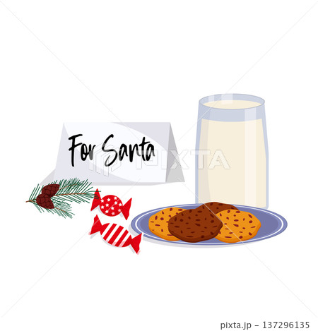 Holiday flat lay with plate of cookies, glass of milk, candies and pine branch for the Christmas or New Year celebration. Holiday flat lay with plate of cookies, glass of milk, candies and pine branch for the Christmas or New Year celebration. 137296135