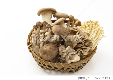 ざるに盛った各種きのこ 137296163
