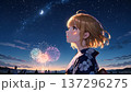 夏祭りの夜に花火を見上げる女の子 137296275
