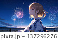 夏祭りの夜に花火を見上げる女の子 137296276