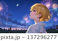 夏祭りの夜に花火を見上げる女の子 137296277