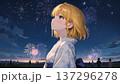 夏祭りの夜に花火を見上げる女の子 137296278