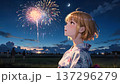 夏祭りの夜に花火を見上げる女の子 137296279