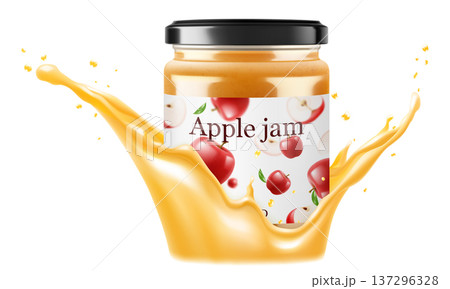 Jar with apple jam in a splash of apple juice. isolated on white background. Homemade apple jam or compote in a glass jar. Realistic 3d vector illustration. Mockup for your brand. 137296328
