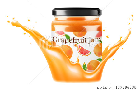 Glass Jar of grapefruit jam in a splash of grapefruit juice isolated on white background. Bottle of citrus jam or juice. Grapefruit extract. drinks and food. Sweets. Toppings Glass Jar of grapefruit jam in a splash of grapefruit juice isolated on white background. Bottle of citrus jam or juice. Grapefruit extract. drinks and food. Sweets. Toppings 137296339