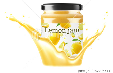 Jar with lemon jam in a splash of lemon juice isolated on white background. Glass of lemon marmalade design element. Lemon jam jar icon. Realistic 3d vector illustration. Mockup for your brand. 137296344