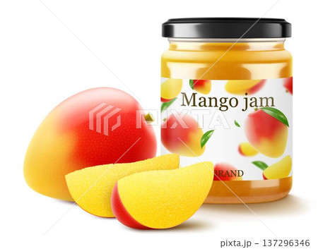 Mango jam in glass jar with fresh mango slices near. Glass of mango marmalade design element. Organic fruit jam isolated on a white background. Realistic 3d vector illustration Mango jam in glass jar with fresh mango slices near. Glass of mango marmalade design element. Organic fruit jam isolated on a white background. Realistic 3d vector illustration 137296346