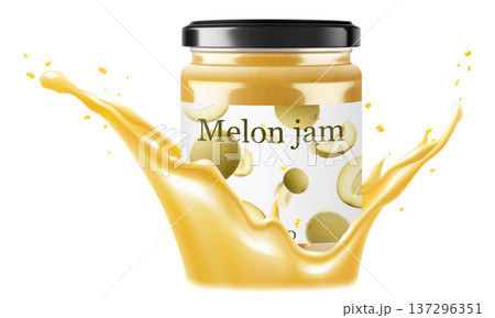 Glass jar with Melon jam or confiture in a splash of Melon juice, isolated on white background. Homemade fruit berry preserve, Drinks and food. Sweets. Toppings. Realistic 3d vector illustration 137296351