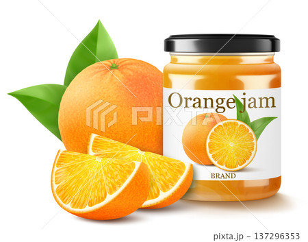 Glass Jar of orange jam or marmalade isolated on white background. Bottle of citrus jam or juice. Orange curd. drinks and food. Sweets. Toppings Glass Jar of orange jam or marmalade isolated on white background. Bottle of citrus jam or juice. Orange curd. drinks and food. Sweets. Toppings 137296353