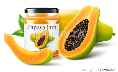 Papaya jam in glass jar and fresh papaya fruit isolated on a white background. Glass of papaya spread design element. Papaya jam jar icon. Realistic 3d vector illustration. 137296357