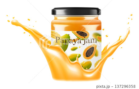 Jar with papaya jam in a splash of papaya juice isolated on white background. Glass of papaya marmalade design element. Papaya jam jar icon. Realistic 3d vector illustration. Mockup for your brand. Jar with papaya jam in a splash of papaya juice isolated on white background. Glass of papaya marmalade design element. Papaya jam jar icon. Realistic 3d vector illustration. Mockup for your brand. 137296358