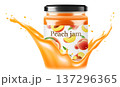 Jar with peach jam in a splash of peach juice isolated on white background. Homemade peach jam or compote in a glass jar. Realistic 3d vector illustration. Mockup for your brand. 137296365