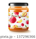 Glass jar with plum jam isolated on white background. Jar of marmalade from juicy blue plums. fresh fruits with leaves. Organic food. Label mockup for jam. Realistic 3d vector illustration 137296366