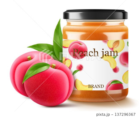 Glass jar with plum jam isolated on white background. Jar of marmalade from juicy blue plums. fresh fruits with leaves. Organic food. Label mockup for jam. Realistic 3d vector illustration 137296367