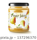 Glass jar with pear Jam isolated on white . Homemade fruit jam, natural organic product. Jar with cap and label. White strip with text and pattern with fruits. Realistic 3d vector illustration 137296370