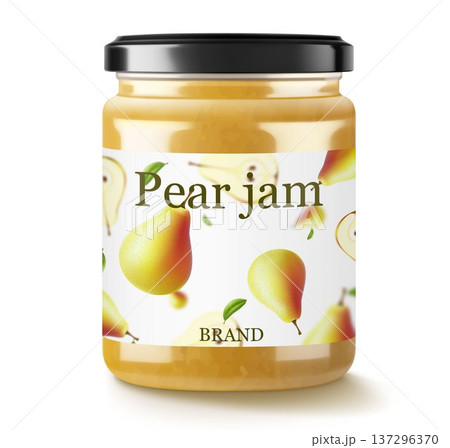 Glass jar with pear Jam isolated on white . Homemade fruit jam, natural organic product. Jar with cap and label. White strip with text and pattern with fruits. Realistic 3d vector illustration Glass jar with pear Jam isolated on white . Homemade fruit jam, natural organic product. Jar with cap and label. White strip with text and pattern with fruits. Realistic 3d vector illustration 137296370