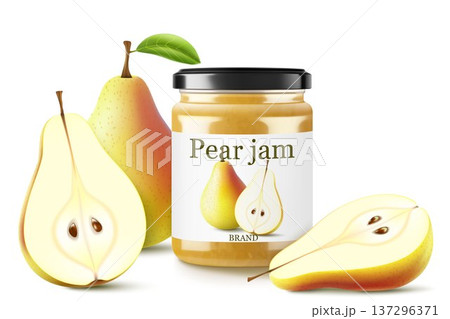Glass jar with pear Jam isolated on white . Homemade fruit jam, natural organic product. Jar with cap and label. White strip with text and pattern with fruits. Realistic 3d vector illustration Glass jar with pear Jam isolated on white . Homemade fruit jam, natural organic product. Jar with cap and label. White strip with text and pattern with fruits. Realistic 3d vector illustration 137296371