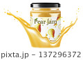 Glass jar with pear Jam in a splash of pear juice isolated on white. Homemade jam, natural organic product. Jar with cap and label. White strip with text and pattern with fruits. Realistic 3d vector 137296372
