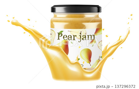 Glass jar with pear Jam in a splash of pear juice isolated on white. Homemade jam, natural organic product. Jar with cap and label. White strip with text and pattern with fruits. Realistic 3d vector 137296372